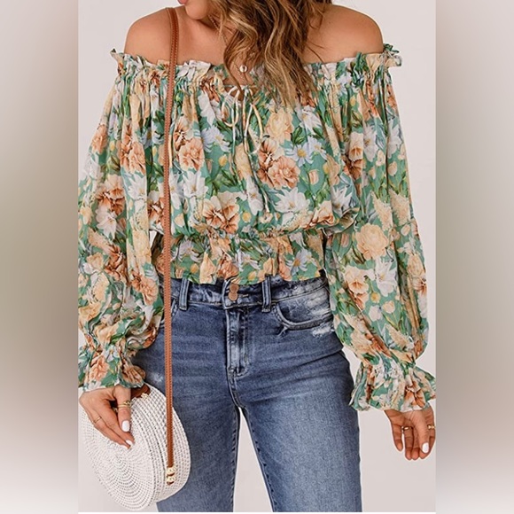 Women's Fall Top -Off The Shoulder - Floral Print Ruffle Sleeve - Size L - Picture 3 of 11